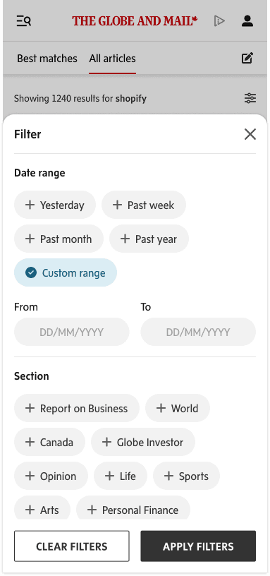 Filter panel: date range and section filters with additive multi-select
